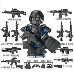 Minifigure - Special Forces Soldier black blue with weapon custom pieces (LEGO Alternative) Minifigure - Special Forces Soldier black blue with weapon custom pieces (LEGO Alternative)
