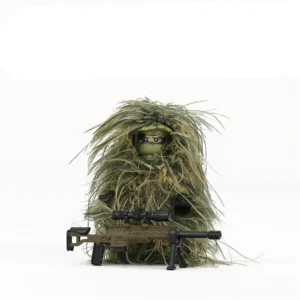 Minifigure - all terrain sniper equipped with a dark sand colored XM2010 sniper rifle and a ghillie suit (LEGO Alternative)