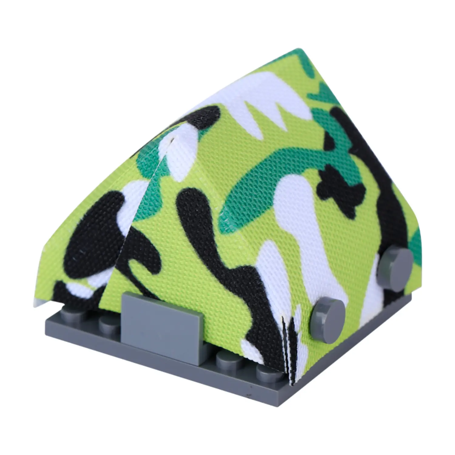 Custom Piece Miniature – A-frame pup tent printed with a stylized, bright green camouflage pattern – 3D Print for LEGO minifigure