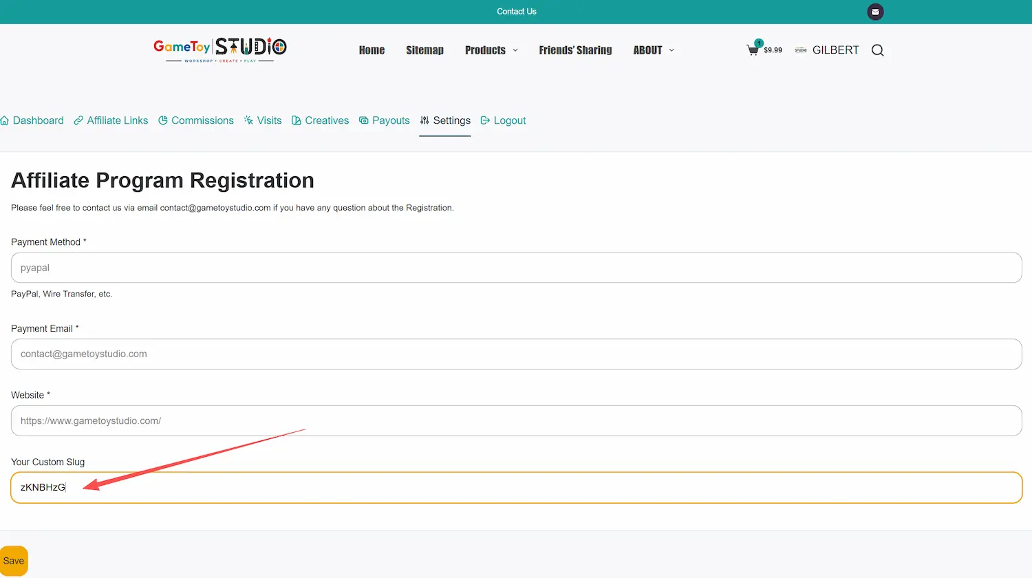 Gametoystudio Affiliate Program Custom Slug Screenshot