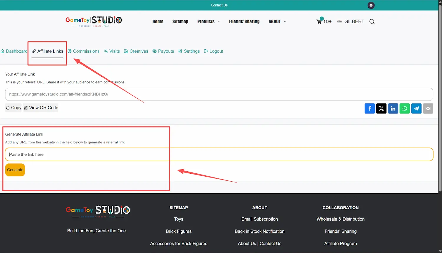 Gametoystudio Affiliate Program Generate Affiliate Link Screenshot